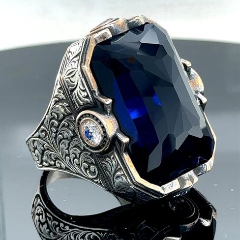 Men's Sapphire Stone Ring, Engraved Large Square Sapphire Ring, Ottoman Style Ring, Blue Cubic Zircon Ring, 925k Sterling Silver Ring in Kuwait