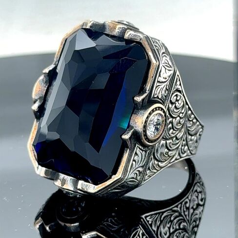 Men's Sapphire Stone Ring, Engraved Large Square Sapphire Ring, Ottoman Style Ring, Blue Cubic Zircon Ring, 925k Sterling Silver Ring in Kuwait