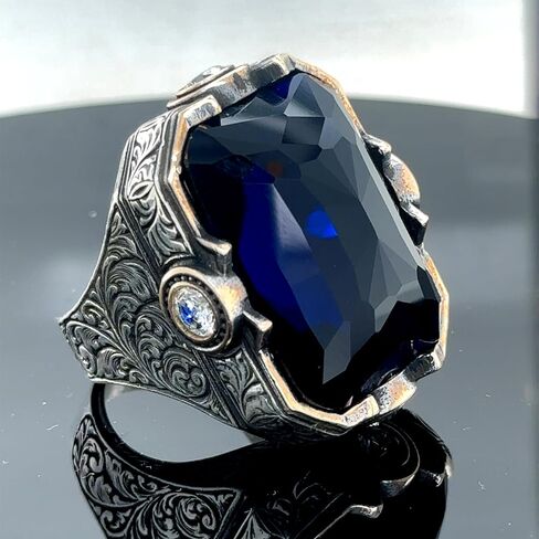 Men's Sapphire Stone Ring, Engraved Large Square Sapphire Ring, Ottoman Style Ring, Blue Cubic Zircon Ring, 925k Sterling Silver Ring in Kuwait