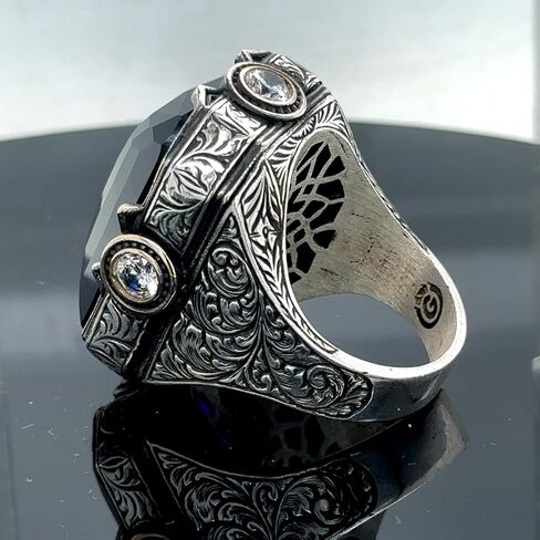 Men's Sapphire Stone Ring, Engraved Large Square Sapphire Ring, Ottoman Style Ring, Blue Cubic Zircon Ring, 925k Sterling Silver Ring in Kuwait