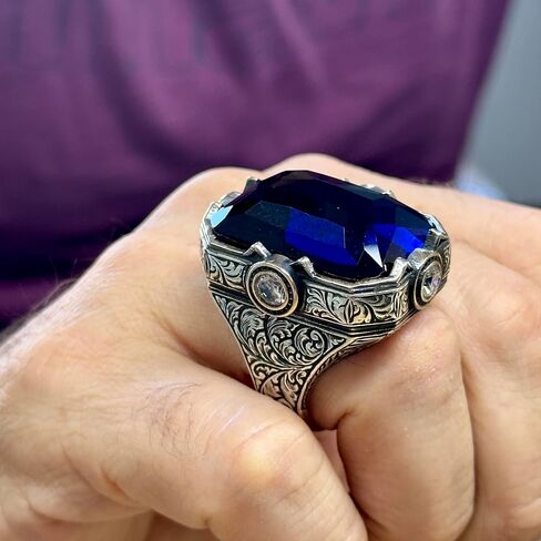 Men's Sapphire Stone Ring, Engraved Large Square Sapphire Ring, Ottoman Style Ring, Blue Cubic Zircon Ring, 925k Sterling Silver Ring in Kuwait