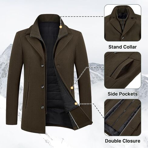 Lamgool Men's Winter Wool Coat with Removable Padded Vest 2-in-1 Winter Warm Casual Peacoat in Kuwait