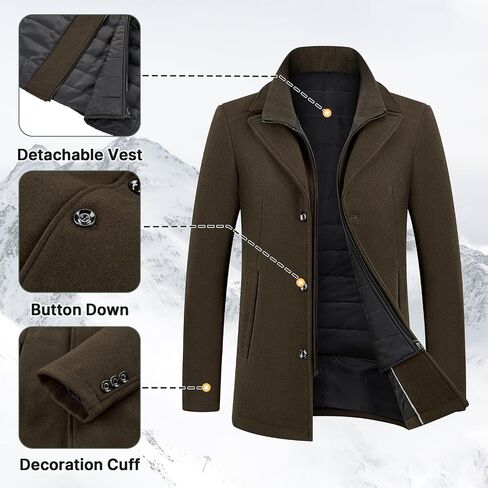 Lamgool Men's Winter Wool Coat with Removable Padded Vest 2-in-1 Winter Warm Casual Peacoat in Kuwait