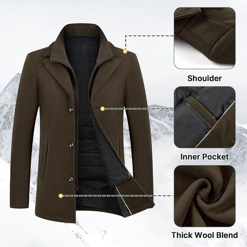 Lamgool Men's Winter Wool Coat with Removable Padded Vest 2-in-1 Winter Warm Casual Peacoat in Kuwait