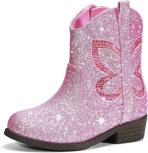 Bigwow Toddler Girls Glitter Boots Western Cowgirl Sparkle Ankle Outdoor Shoes With Side Zipper For Kids in Kuwait