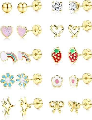 FIBO STEEL 10 Pairs Hypoallergenic Earrings for Girls Toddler Surgical Steel Flat Back Earrings for Sensitive Ears Women 14K Gold Plated Cute Heart Flower Small Stud Earring Set Kids Jewelry in Kuwait