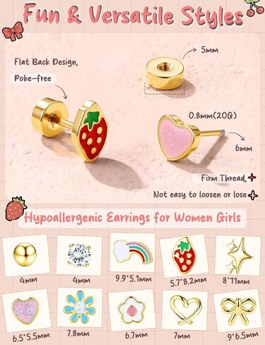 FIBO STEEL 10 Pairs Hypoallergenic Earrings for Girls Toddler Surgical Steel Flat Back Earrings for Sensitive Ears Women 14K Gold Plated Cute Heart Flower Small Stud Earring Set Kids Jewelry in Kuwait