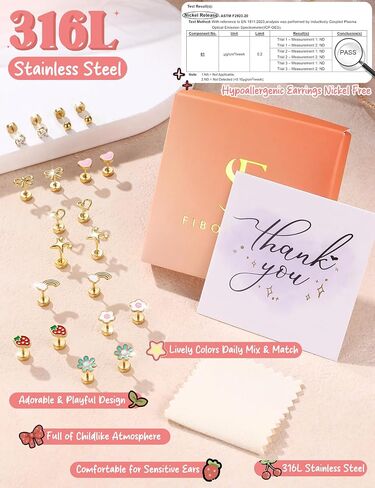FIBO STEEL 10 Pairs Hypoallergenic Earrings for Girls Toddler Surgical Steel Flat Back Earrings for Sensitive Ears Women 14K Gold Plated Cute Heart Flower Small Stud Earring Set Kids Jewelry in Kuwait