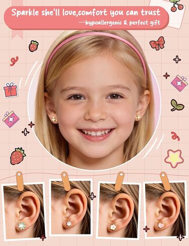 FIBO STEEL 10 Pairs Hypoallergenic Earrings for Girls Toddler Surgical Steel Flat Back Earrings for Sensitive Ears Women 14K Gold Plated Cute Heart Flower Small Stud Earring Set Kids Jewelry in Kuwait