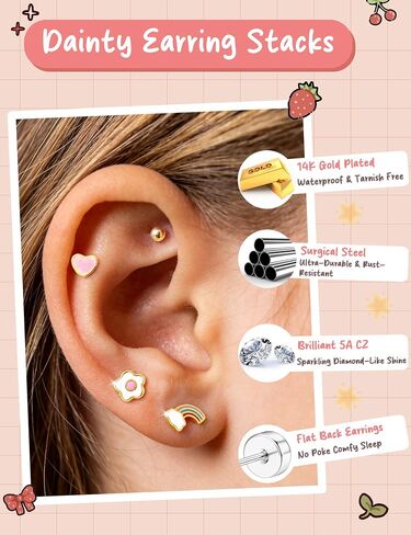 FIBO STEEL 10 Pairs Hypoallergenic Earrings for Girls Toddler Surgical Steel Flat Back Earrings for Sensitive Ears Women 14K Gold Plated Cute Heart Flower Small Stud Earring Set Kids Jewelry in Kuwait