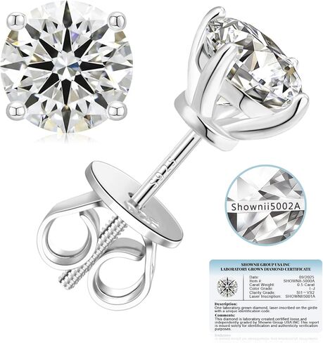 SHOWNII Diamond Earrings Certified LAB GROWN Diamond Stud Earrings for Women 0.5CT 1CT 14K White and Yellow Gold Plated S925 Sterling Silver 4-Prong Screw Back Round Cut (I-J Color, S1-VS2 Clarity). in Saudi Arabia