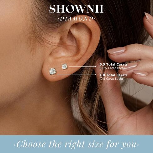SHOWNII Diamond Earrings Certified LAB GROWN Diamond Stud Earrings for Women 0.5CT 1CT 14K White and Yellow Gold Plated S925 Sterling Silver 4-Prong Screw Back Round Cut (I-J Color, S1-VS2 Clarity). in Saudi Arabia
