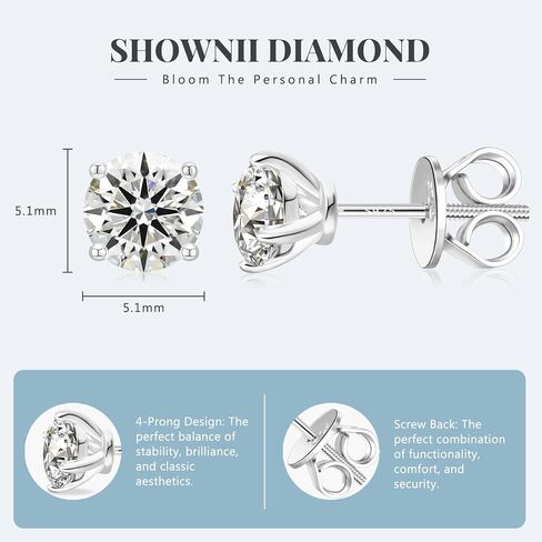SHOWNII Diamond Earrings Certified LAB GROWN Diamond Stud Earrings for Women 0.5CT 1CT 14K White and Yellow Gold Plated S925 Sterling Silver 4-Prong Screw Back Round Cut (I-J Color, S1-VS2 Clarity). in Saudi Arabia