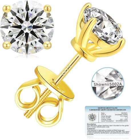 SHOWNII Diamond Earrings Certified LAB GROWN Diamond Stud Earrings for Women 0.5CT 1CT 14K White and Yellow Gold Plated S925 Sterling Silver 4-Prong Screw Back Round Cut (I-J Color, S1-VS2 Clarity). in Saudi Arabia