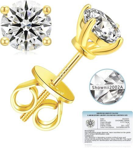 SHOWNII Diamond Earrings Certified LAB GROWN Diamond Stud Earrings for Women 0.5CT 1CT 14K White and Yellow Gold Plated S925 Sterling Silver 4-Prong Screw Back Round Cut (I-J Color, S1-VS2 Clarity). in Saudi Arabia