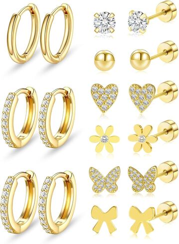 Flat Back Earrings Hypoallergenic 14K Gold Plated Earrings for Women 20G Gold Flat Back Stud Earring for Women Ctue Butterfly Bows Flower Earring Sets Lobe Tragus Helix Conch Cartilage Piercing Jewelry in Saudi Arabia