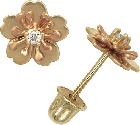 Jewelryweb Solid 14k Yellow or White Gold 7mm Hibiscus Flower CZ Screw back Stud Earrings in Kuwait