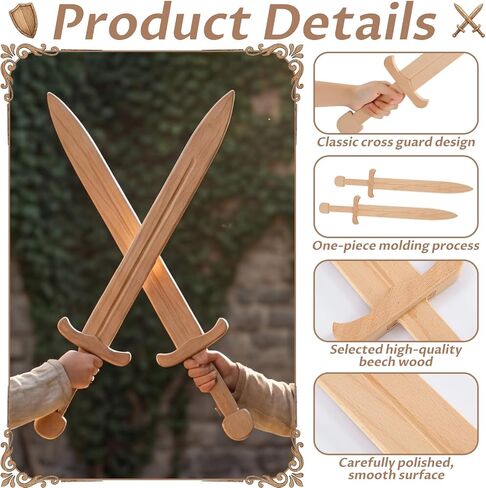 Poen 2 Pack Wooden Toy Sword for Kids 23" Medievel Knight Broadsword Lightweight and Durable for Imaginative Kids NOT a Weapon in Kuwait