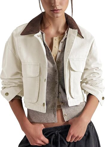 Barn Jackets for Women Contrast Collar Utility Coat Cargo Jacket Cropped Jacket with Pockets Outwear in Saudi Arabia