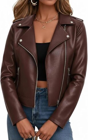 Women Leather Jacket Faux Cropped Coat Cute Short Zip Up for Casual Rock Concert Game Day Edgy Vintage Outfit in Saudi Arabia