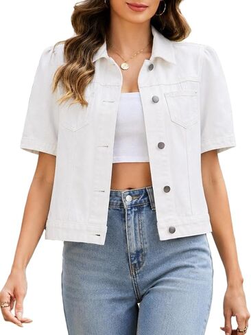 D-Sun Women's Summer Cropped Denim Jacket Short Puff Sleeve Distressed Trucker Jacket Ripped Button Down Jean Coat in Kuwait