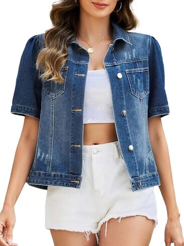 D-Sun Women's Summer Cropped Denim Jacket Short Puff Sleeve Distressed Trucker Jacket Ripped Button Down Jean Coat in Kuwait