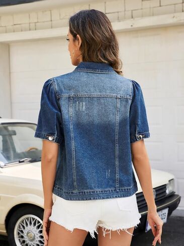 D-Sun Women's Summer Cropped Denim Jacket Short Puff Sleeve Distressed Trucker Jacket Ripped Button Down Jean Coat in Kuwait