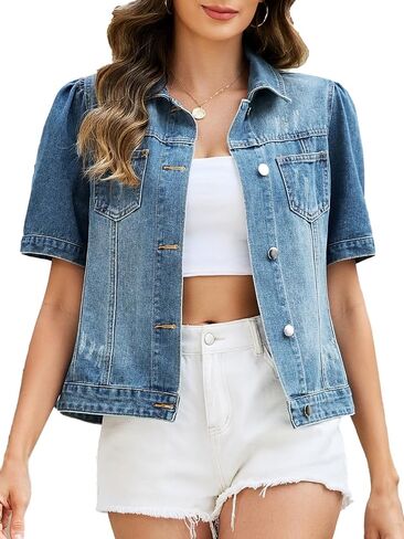 D-Sun Women's Summer Cropped Denim Jacket Short Puff Sleeve Distressed Trucker Jacket Ripped Button Down Jean Coat in Kuwait