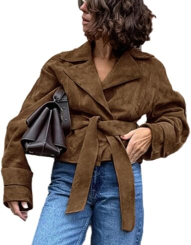 Suede Jacket Women Brown Belted Long Sleeve Lapel Button Down Cropped Faux Suede Jacket Women 2025 in Kuwait
