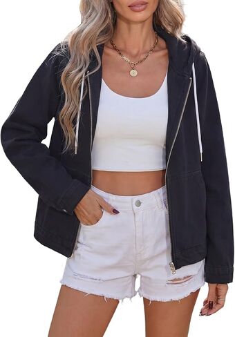 Kedera Womens Hoodie Denim Jacket Long Sleeve Casual Zip Up Drawstring Boyfriend Jean Coat in Kuwait