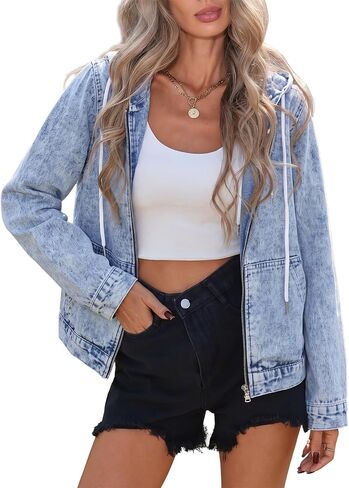 Kedera Womens Hoodie Denim Jacket Long Sleeve Casual Zip Up Drawstring Boyfriend Jean Coat in Kuwait