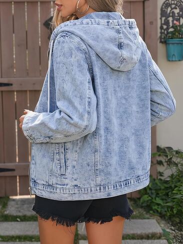 Kedera Womens Hoodie Denim Jacket Long Sleeve Casual Zip Up Drawstring Boyfriend Jean Coat in Kuwait