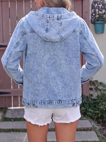 Kedera Womens Hoodie Denim Jacket Long Sleeve Casual Zip Up Drawstring Boyfriend Jean Coat in Kuwait