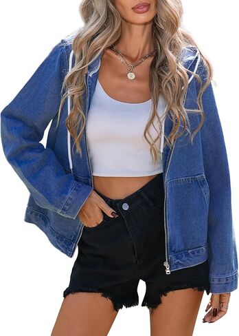 Kedera Womens Hoodie Denim Jacket Long Sleeve Casual Zip Up Drawstring Boyfriend Jean Coat in Kuwait