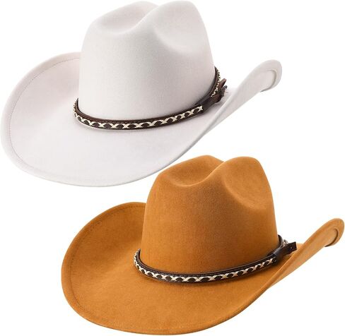 2 Pack Suede Cowboy Hat for Men Women Western Wide Brim Cowgirl Hat Set with Braided Band for Costume Party Concert Outdoor in Kuwait