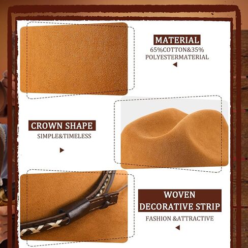 2 Pack Suede Cowboy Hat for Men Women Western Wide Brim Cowgirl Hat Set with Braided Band for Costume Party Concert Outdoor in Kuwait