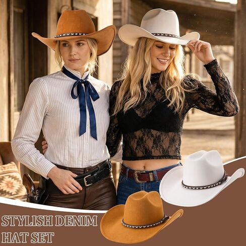 2 Pack Suede Cowboy Hat for Men Women Western Wide Brim Cowgirl Hat Set with Braided Band for Costume Party Concert Outdoor in Kuwait