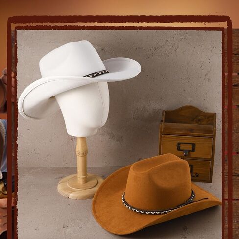 2 Pack Suede Cowboy Hat for Men Women Western Wide Brim Cowgirl Hat Set with Braided Band for Costume Party Concert Outdoor in Kuwait