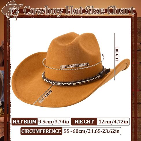 2 Pack Suede Cowboy Hat for Men Women Western Wide Brim Cowgirl Hat Set with Braided Band for Costume Party Concert Outdoor in Kuwait