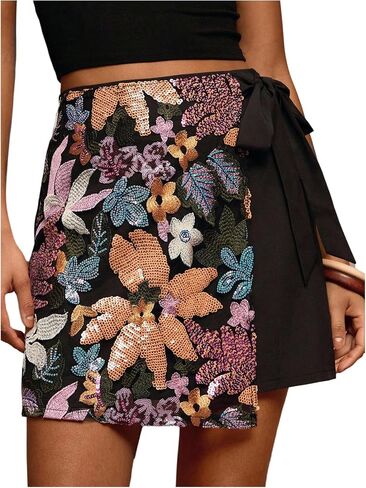 MAKEMECHIC Women's Summer Boho Floral Sequin Wrap Skirt Tie High Waisted Short Skirts in Kuwait
