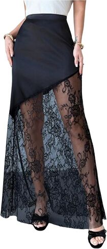 SOLY HUX Women's Satin Lace Maxi Skirt Y2k High Waisted Sheer Silk Party Going Out Long Skirts in Kuwait