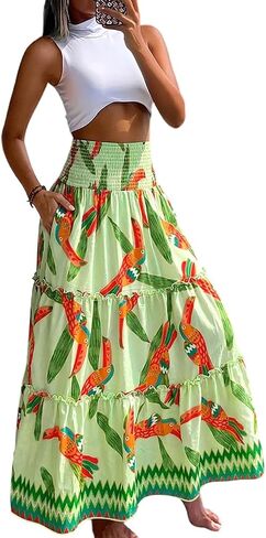 CHICME Women's Boho Floral Maxi Skirt Summer Casual Shirred High Waist Flowy Long Skirt with Pockets for Beach Resort Wear in Saudi Arabia