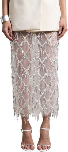 Pinclodly Sequin Skirt for Women Elastic High Waist See Through Maxi Skirt Side Slit Sparkly Fringe Skirts Y2K Rave Outfits in Kuwait