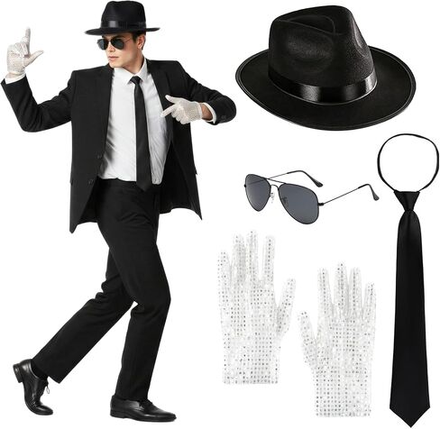 80s Pop Star Costume, 80s Rocker Star Dancer Pop King Costume Fancy Dress Accessories Outfit Jazz Fedora Hat Glove Tie Sunglasses, King of Pop for Adults 80s 90s Theme Party Carnival Halloween Cosplay in Saudi Arabia