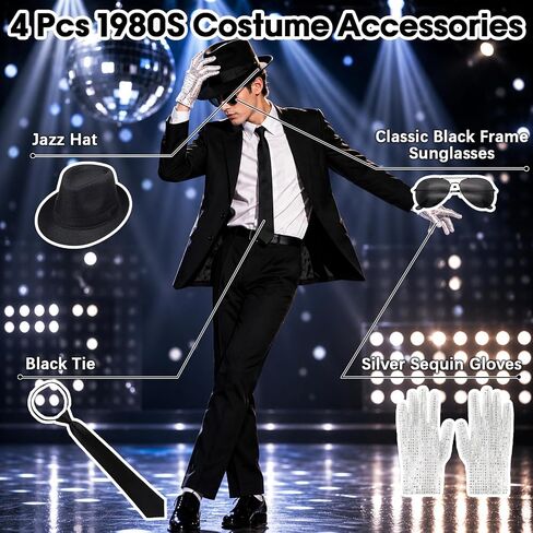 80s Pop Star Costume, 80s Rocker Star Dancer Pop King Costume Fancy Dress Accessories Outfit Jazz Fedora Hat Glove Tie Sunglasses, King of Pop for Adults 80s 90s Theme Party Carnival Halloween Cosplay in Saudi Arabia