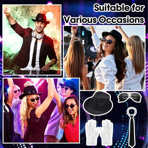 80s Pop Star Costume, 80s Rocker Star Dancer Pop King Costume Fancy Dress Accessories Outfit Jazz Fedora Hat Glove Tie Sunglasses, King of Pop for Adults 80s 90s Theme Party Carnival Halloween Cosplay in Saudi Arabia