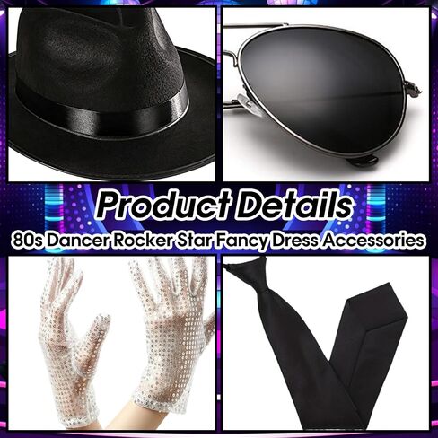 80s Pop Star Costume, 80s Rocker Star Dancer Pop King Costume Fancy Dress Accessories Outfit Jazz Fedora Hat Glove Tie Sunglasses, King of Pop for Adults 80s 90s Theme Party Carnival Halloween Cosplay in Saudi Arabia