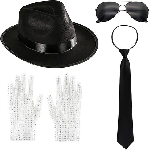 80s Pop Star Costume, 80s Rocker Star Dancer Pop King Costume Fancy Dress Accessories Outfit Jazz Fedora Hat Glove Tie Sunglasses, King of Pop for Adults 80s 90s Theme Party Carnival Halloween Cosplay in Saudi Arabia