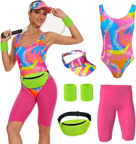 ZOKJFDK 80s Workout Costume for women Halloween Cosplay Couples Outfits Swimwear Suit 80s 90s Workout Costume Outfit 5Pcs Set in Kuwait