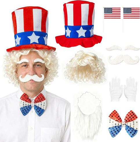 Yopyame 10pcs 4th of July Costume Patriotic Uncle Sam Costume Accessories Set, American Patriotic Top Hat American Flag Wig Eyebrows Mustache Bow Tie Gloves for 250th Independence Day Memorial Day in Saudi Arabia